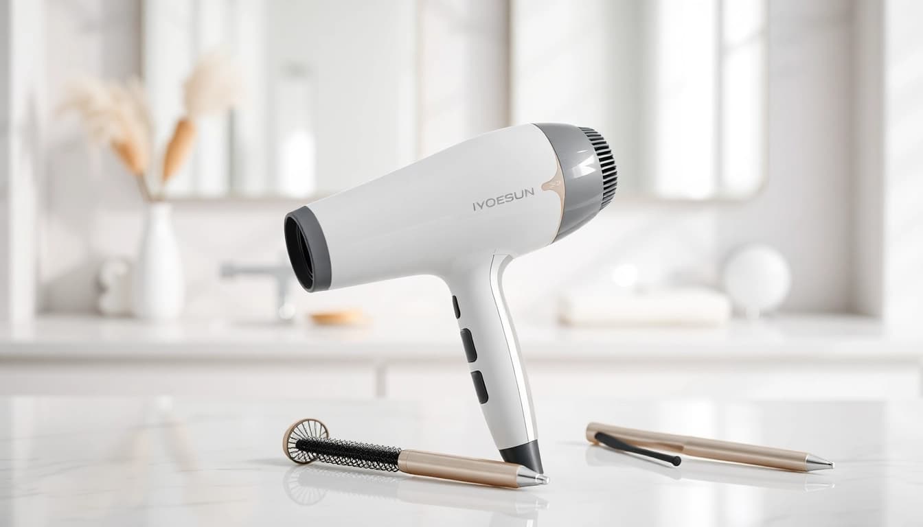 Calculate drying efficiency with the ionic blow dryer on a stylish vanity.
