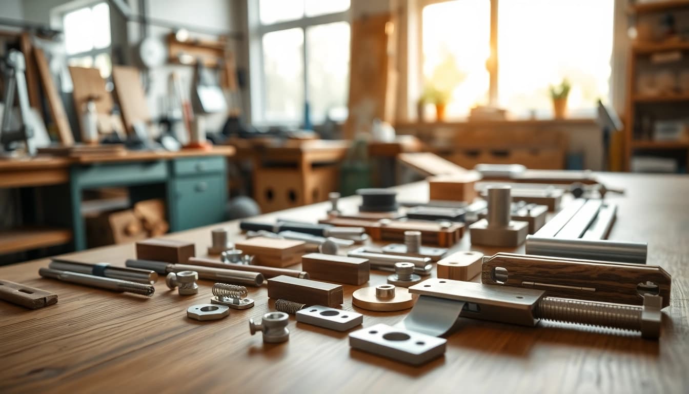 Showcase of furniture hardware supplier components on a wooden table, emphasizing quality and craftsmanship.