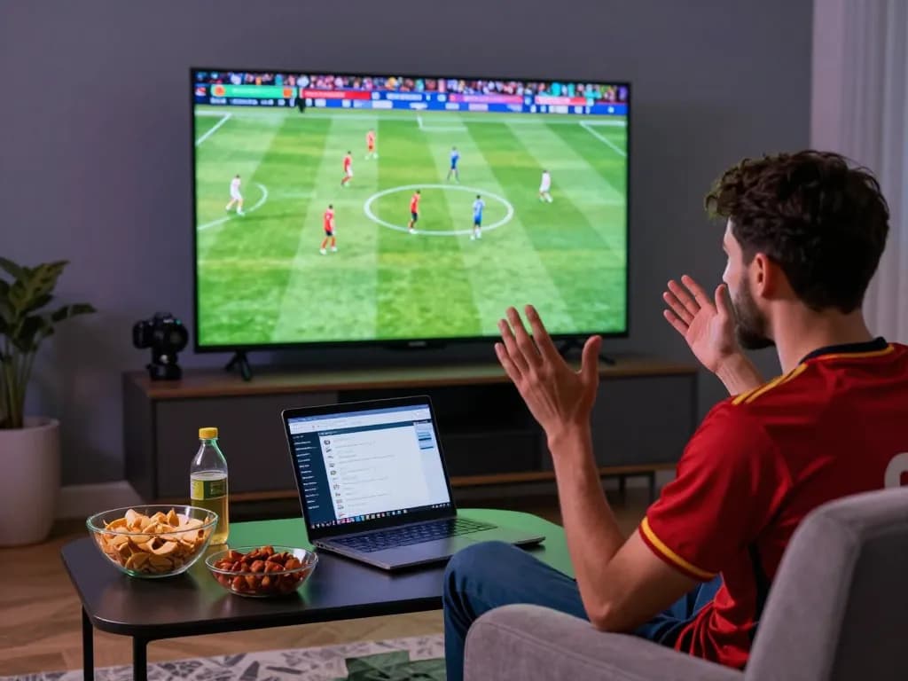 Fan enjoying luong son tv football match at home with snacks during live streaming.