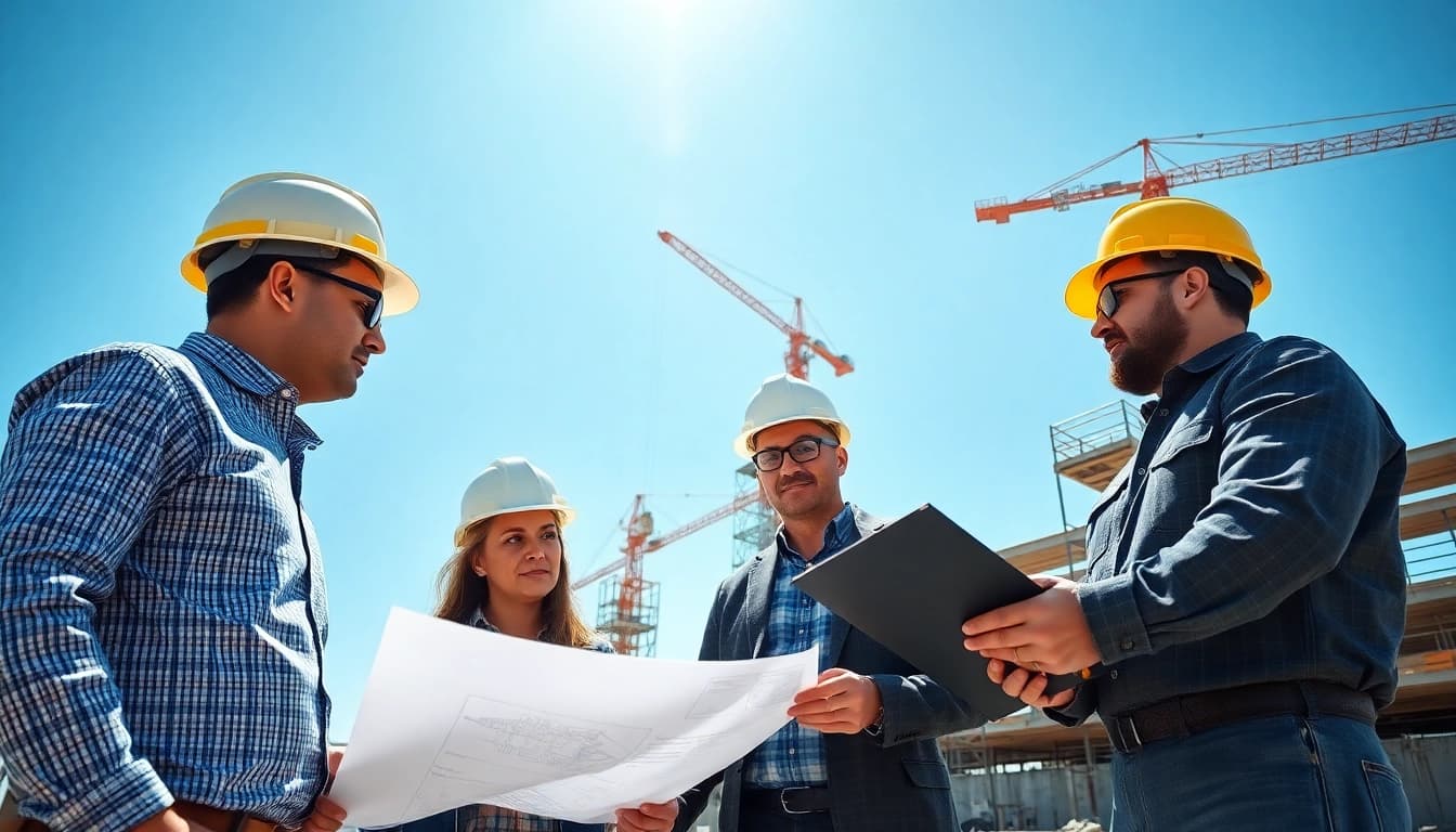 New Jersey Commercial General Contractor team collaborating at a construction site with blueprints and equipment.