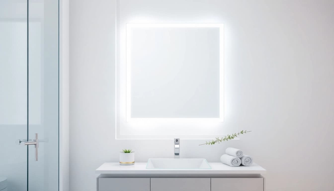 Elevate your space with a striking mirror and led lights reflecting elegance and modernity.