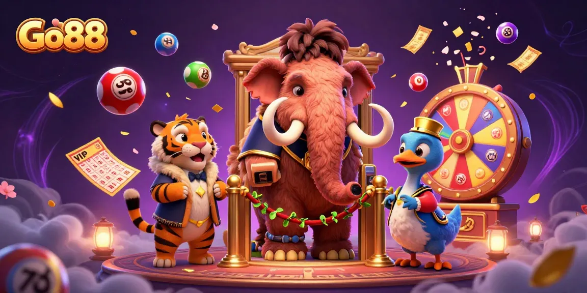 Go88 attracts players with its vibrant casino atmosphere featuring cartoon characters and lottery elements.