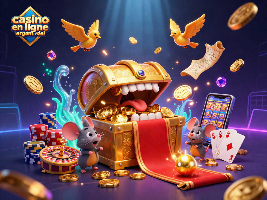 Plongez dans le monde du casino en ligne argent réel avec une illustration captivante et des éléments de jeu dynamiques.