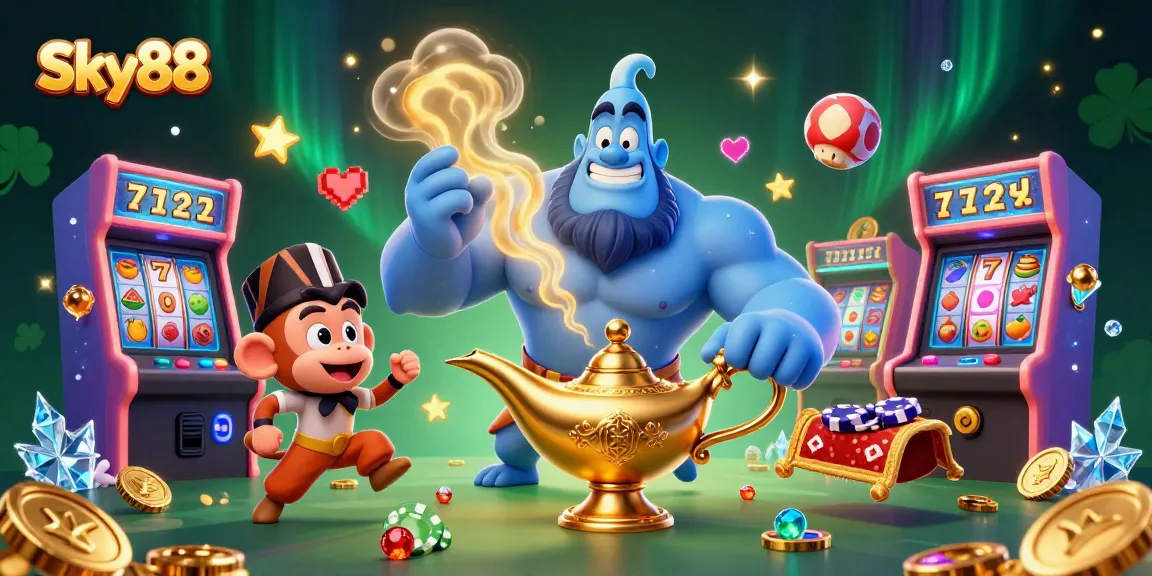 Win big with Sky88 at this vibrant 3D casino scene featuring classic gaming elements.