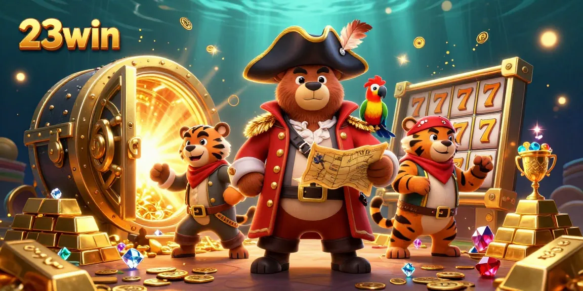 Win big at 23win with a vibrant 3D casino illustration showcasing a pirate bear and treasures.