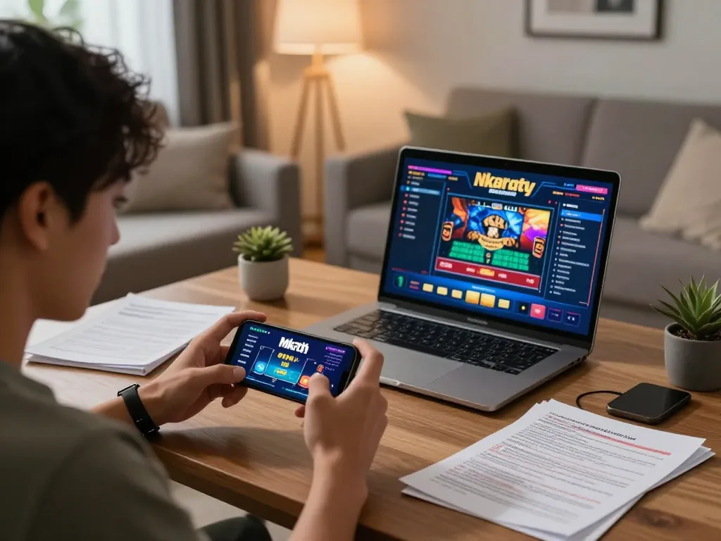 Engaging scene of a player using mk8th for betting in a cozy home setting with gaming strategy notes.
