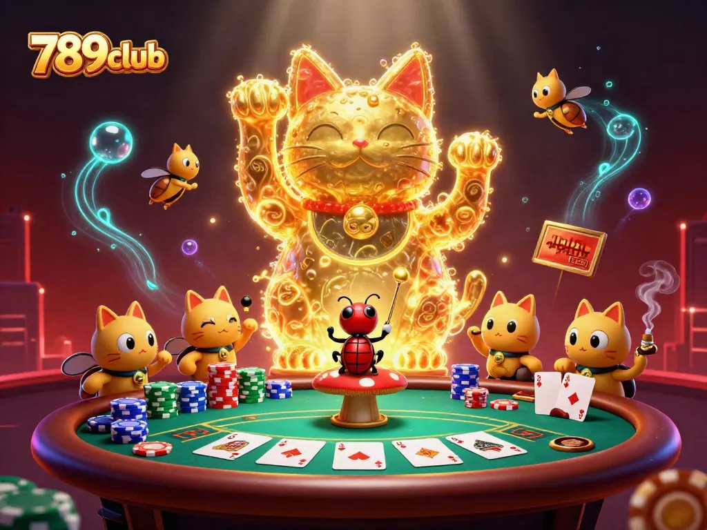 Experience thrilling gaming at 789club with vibrant scenes of lucky icons and poker action.
