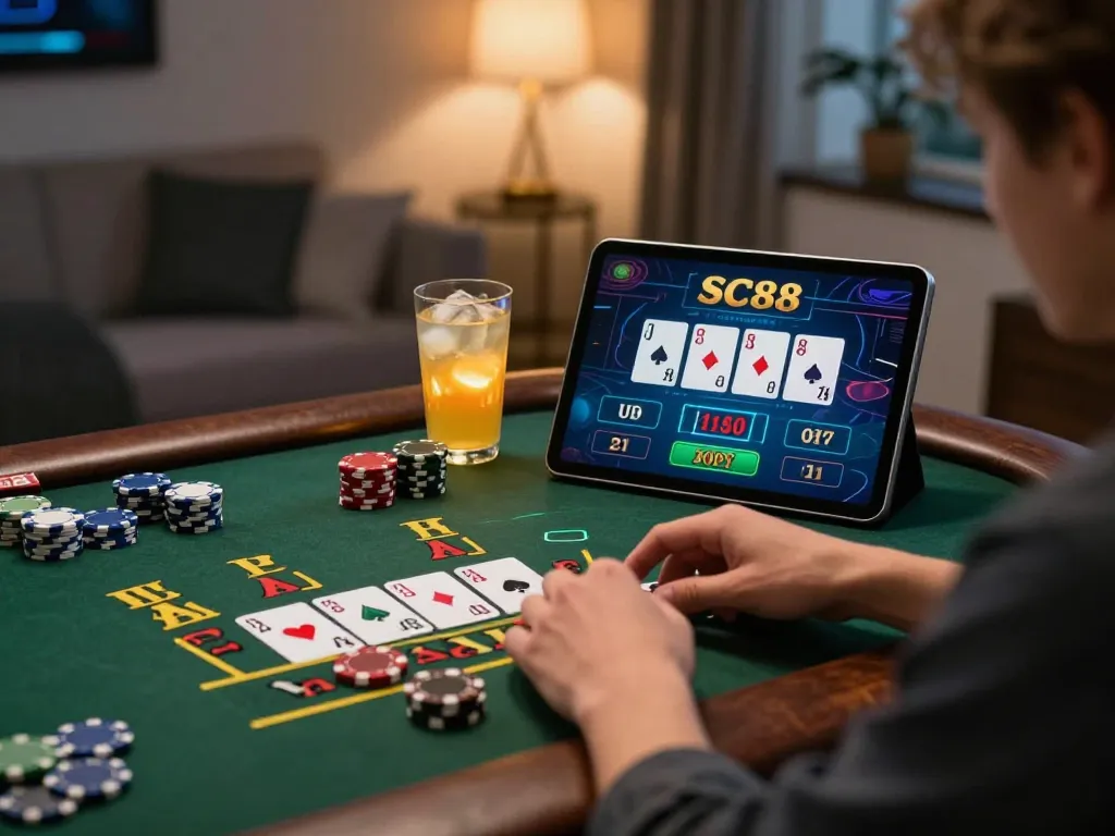 Player engaged in SC88 online blackjack, enjoying strategic gameplay in a cozy environment.
