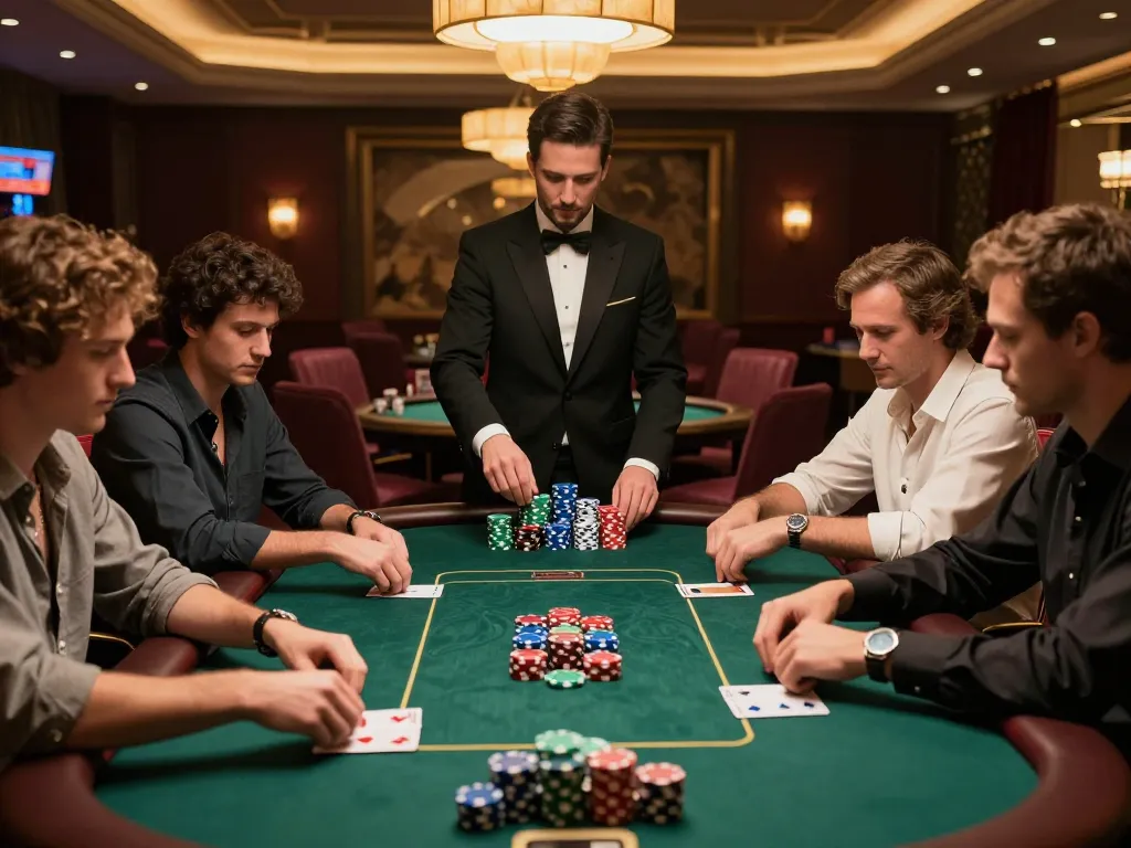 Engaged players at a vipwin poker table showcasing strategic gameplay in a luxurious casino setting