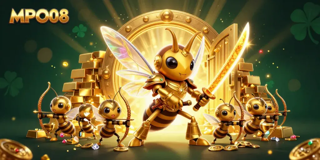 MPO08 showcases a dynamic casino scene with an armored hornet and archers amid treasure.