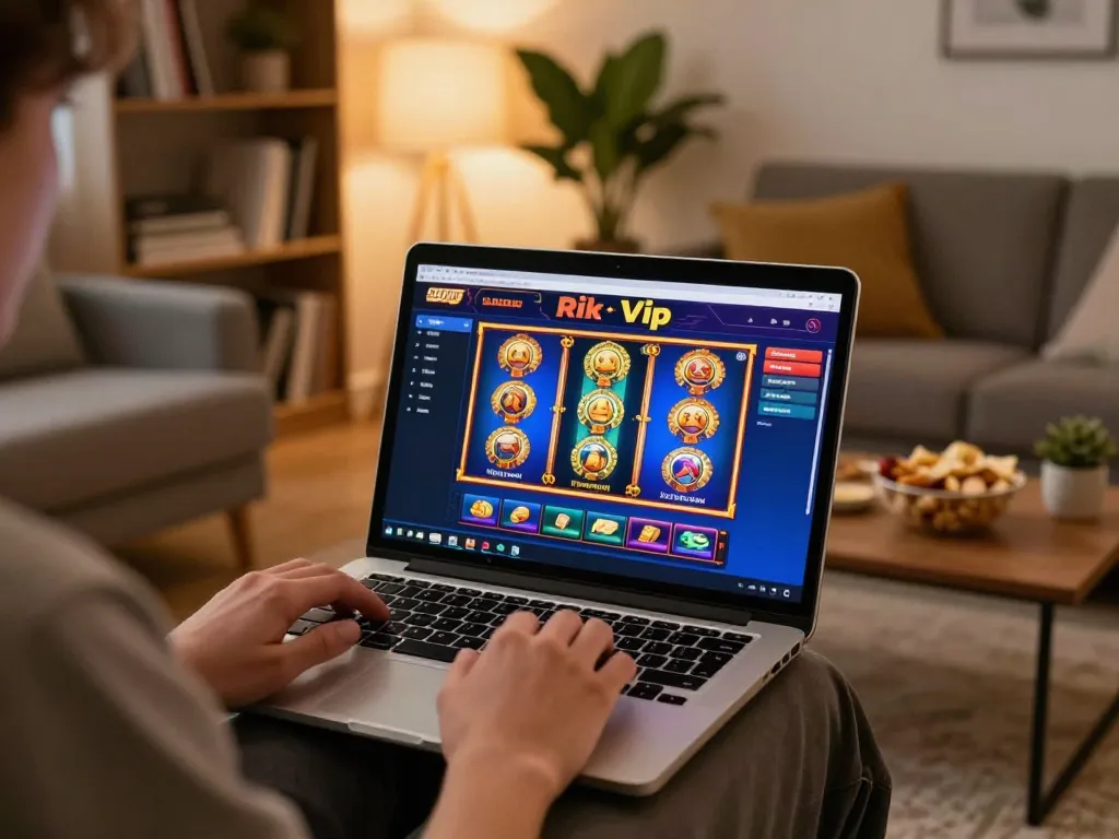 Player enjoying rik vip online gaming with colorful slot games displayed on laptop.