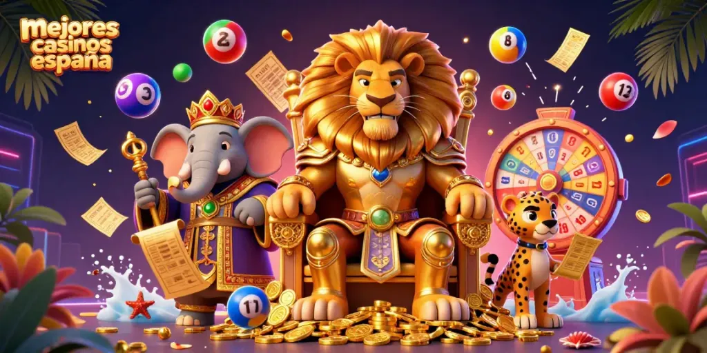 Descubre los mejores casinos España con el emocionante arte de un león rey y elementos de juego.