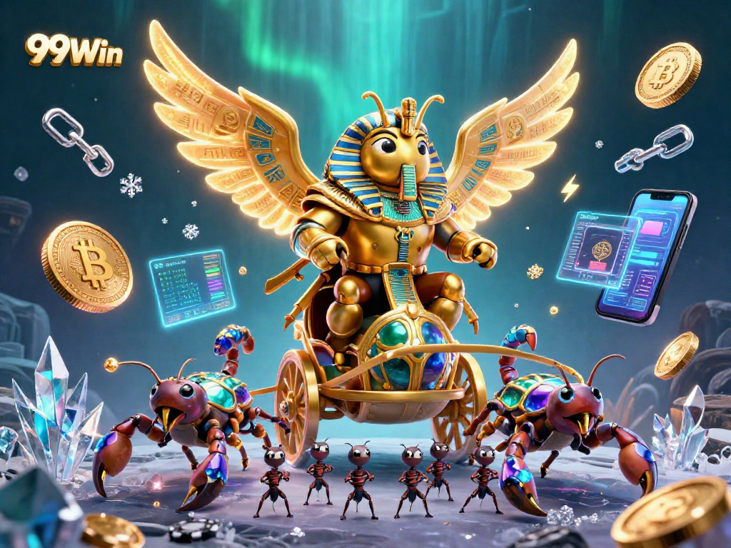 Engage in exciting casino strategies with 99Win's vibrant illustration featuring golden beetles and crypto elements.