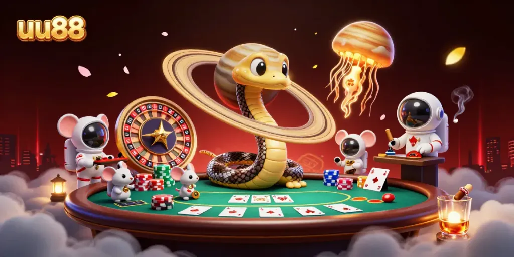 Engage in thrilling bets at uu88 with a cosmic casino scene featuring iconic characters.