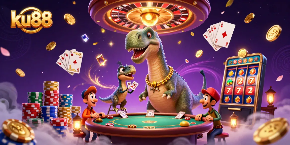 Experience thrilling slots at ku88 with a towering brontosaurus, vibrant poker chips, and winning cards.
