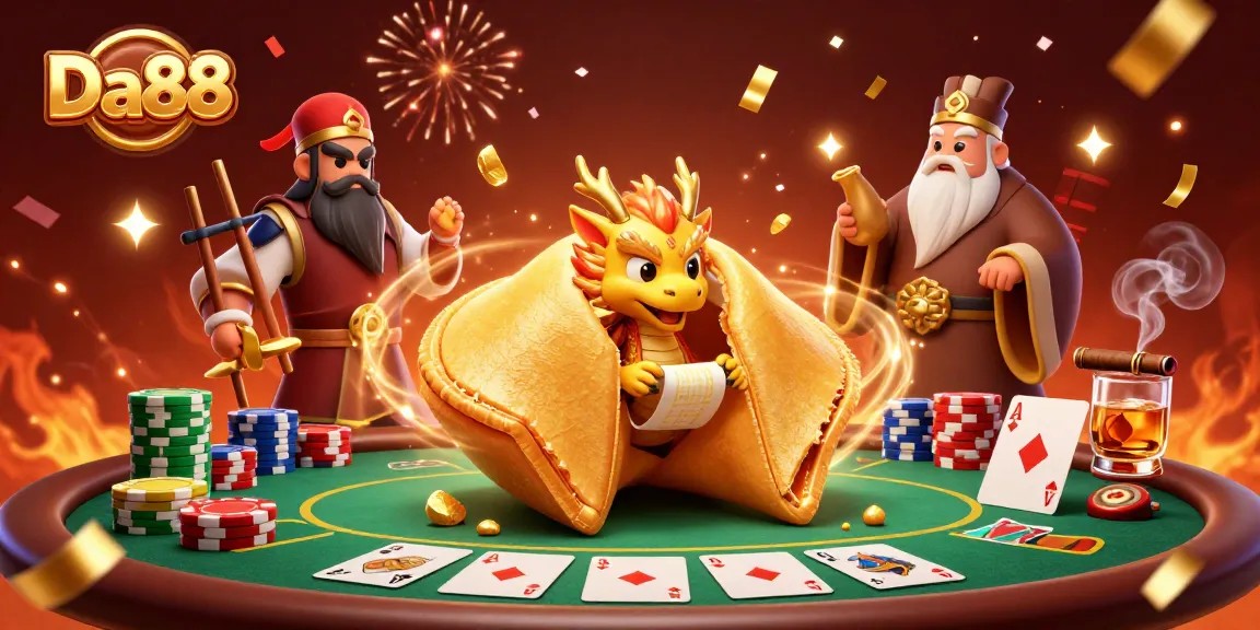 Playful Da88 characters illustrate a vibrant casino scene with poker elements and magical details.