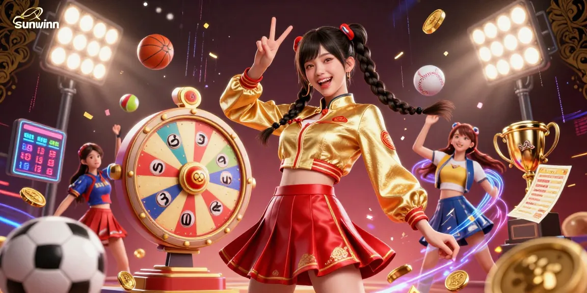 Experience the excitement of gambling with sunwinn in a vibrant 3D casino scene filled with sports elements.