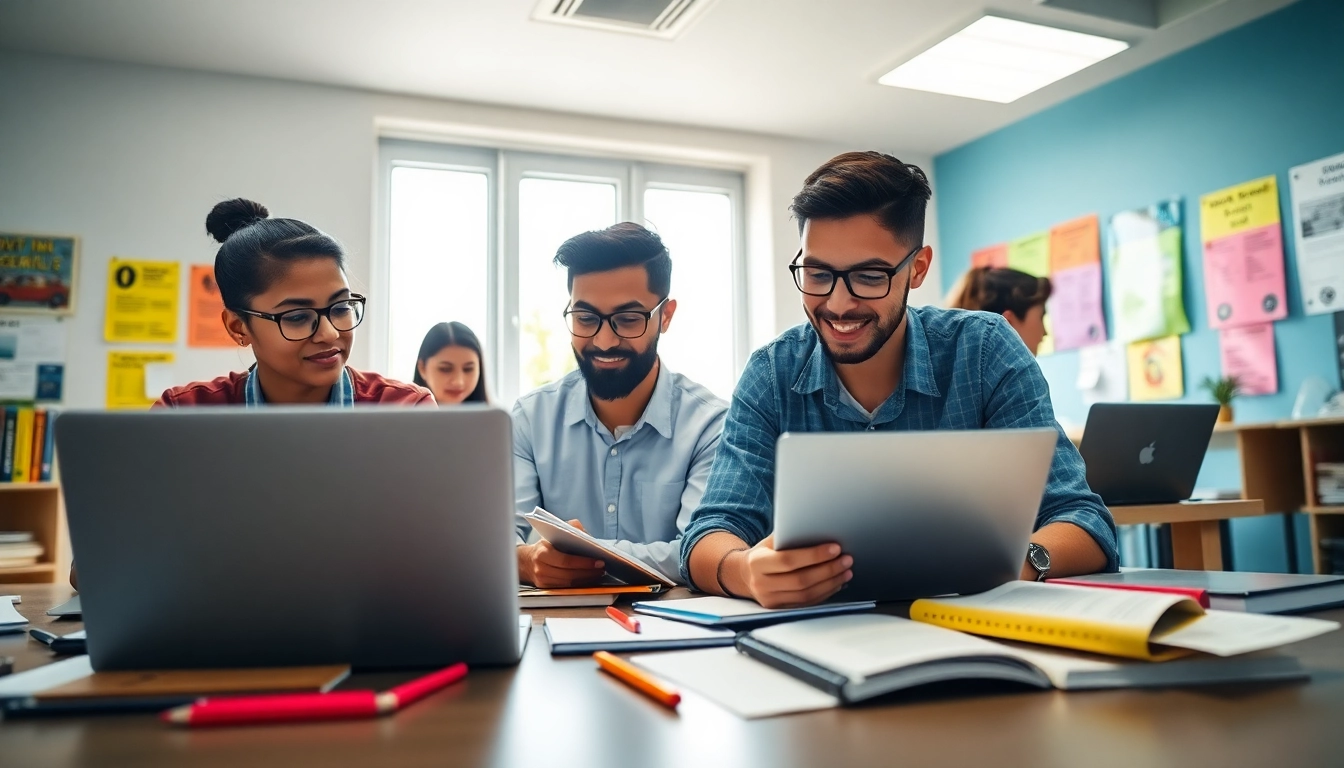 Utilize alternatives to traditional exam prep in a vibrant study environment with students focused on digital learning.