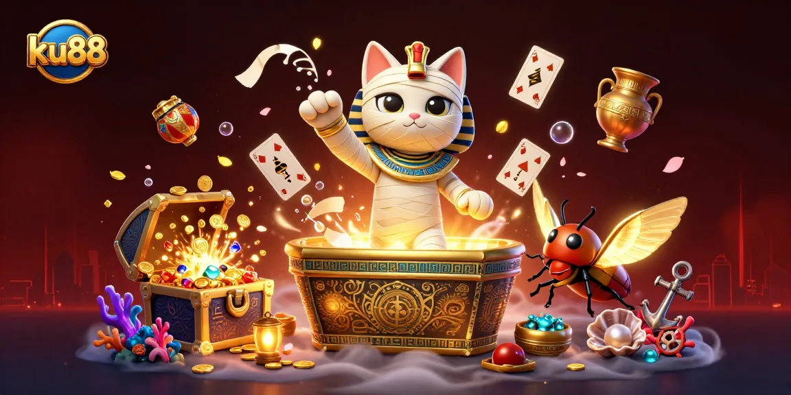 Experience the excitement of ku88 in this vibrant casino illustration featuring dynamic characters and rich gaming elements.
