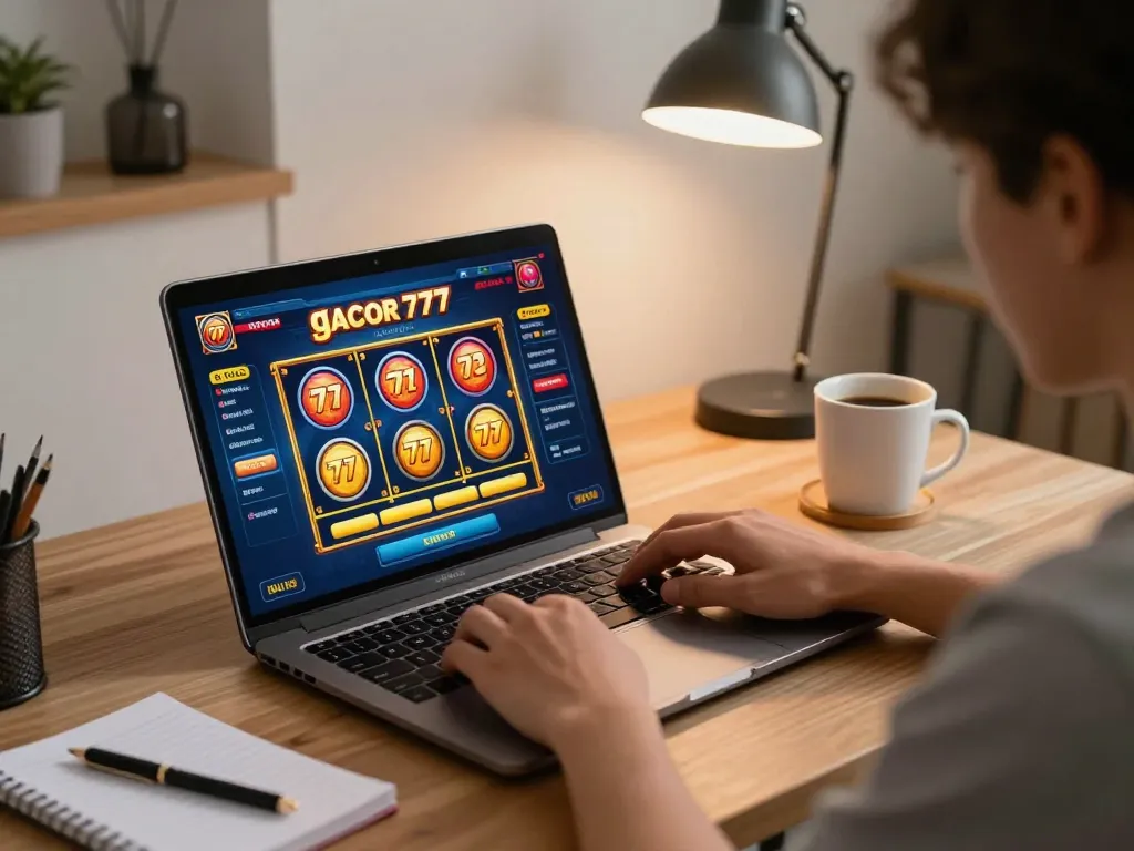 Engaging in a live slot gacor 777 game from home, showcasing vibrant interface.