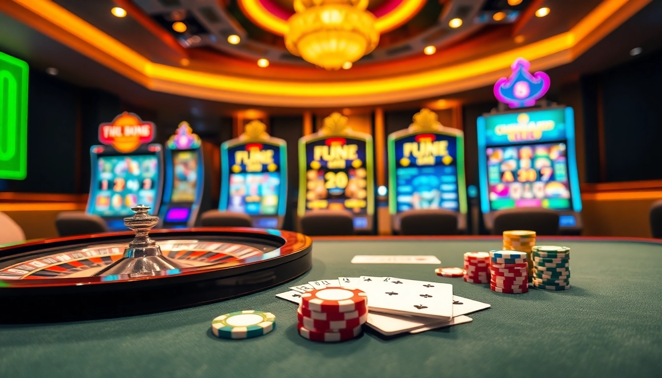 Engaging casino scene on TRANG CHỦ LUCK8 showcasing roulette, poker chips, and vibrant slot machines.
