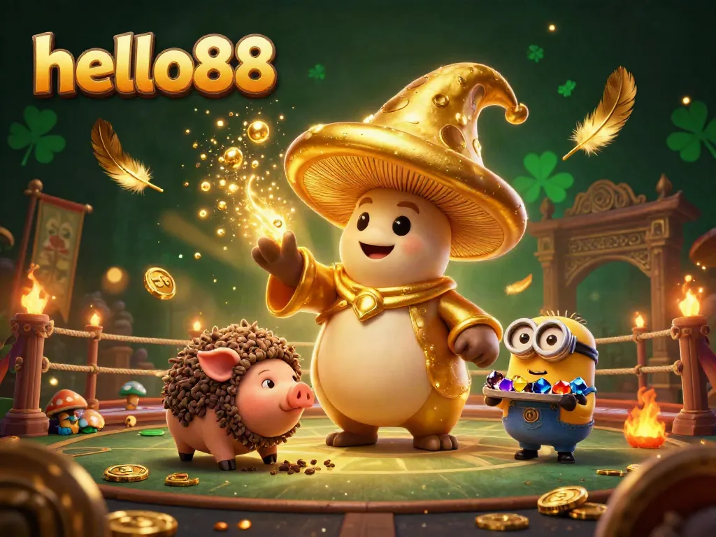 Join the magical world of hello88 with a golden wizard, treasure-sniffing pig, and enchanted casino treasures.