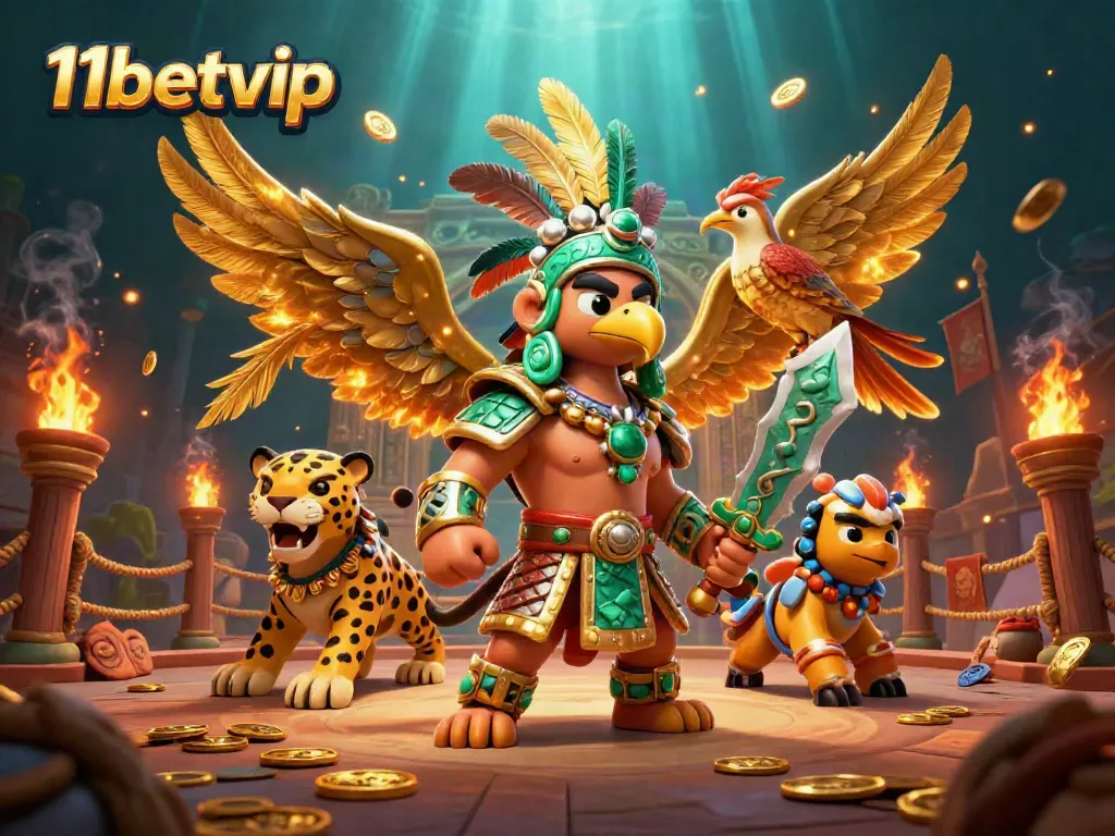 Engage with 11betvip's thrilling casino experience featuring an Aztec warrior and a jaguar, amidst gold and gold coins.