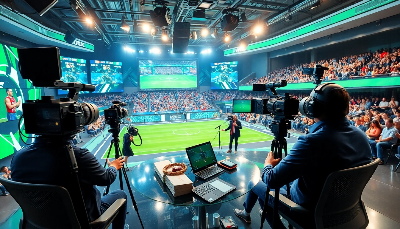 Captivating sports broadcasting scene with hosts and technology highlighting engaging coverage.