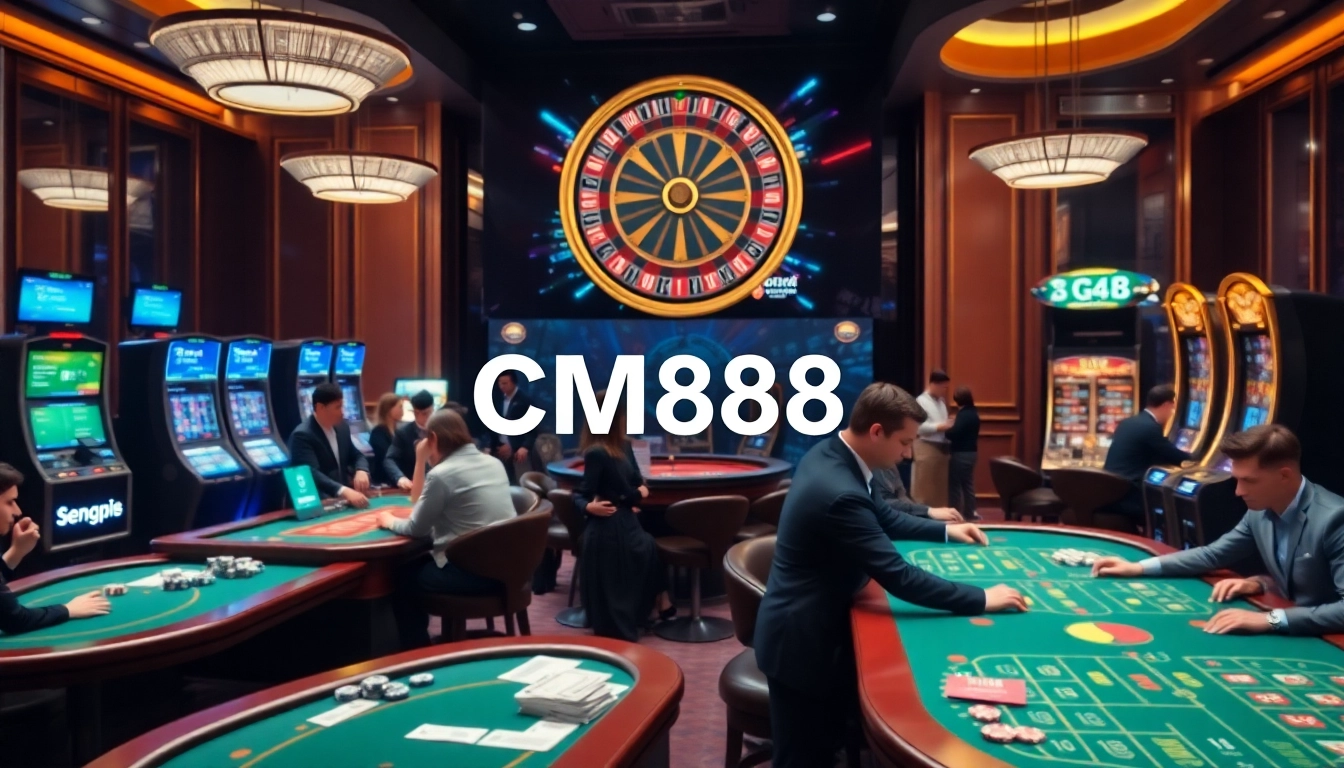 High-stakes online gambling with CM8888 poker tables, slot machines, and vibrant casino ambiance.