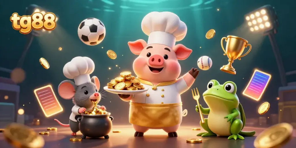 Join tg88 in a vibrant 3D casino scene with cartoon characters showcasing wealth and excitement.