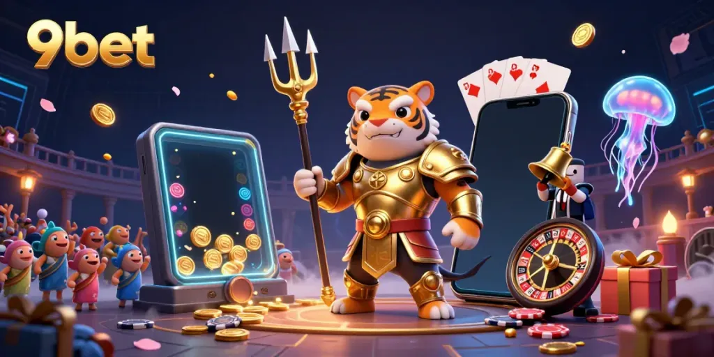 Experience the exciting world of 9bet with a dynamic scene featuring a powerful tiger shark and gaming elements.