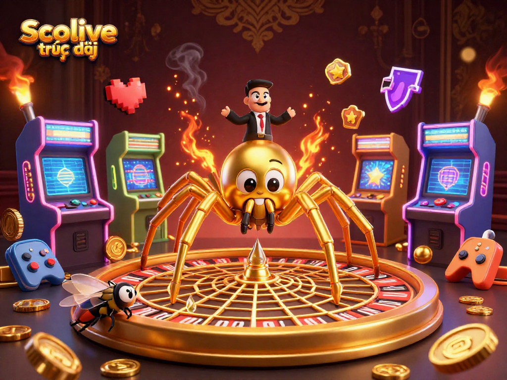 Engage with Socolive trực tiếp as a fly nervously bets while a golden spider spins a roulette web.