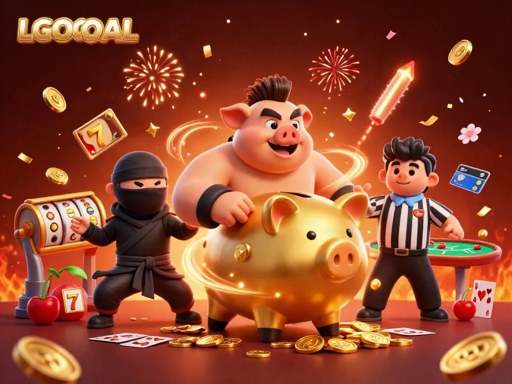 Experience thrilling wins with LGOGOAL as a golden piggy bank wrestler unleashes confetti and coins.