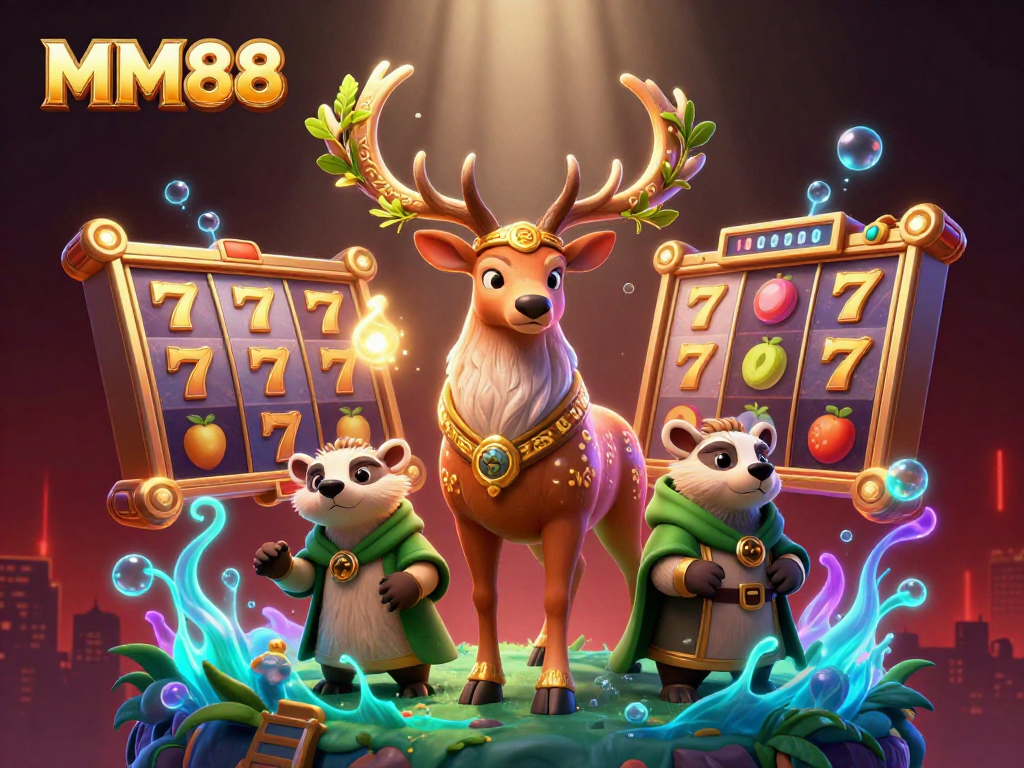 Engage with MM88's vibrant gaming experience featuring a Celtic stag, badger, and mystical elements.