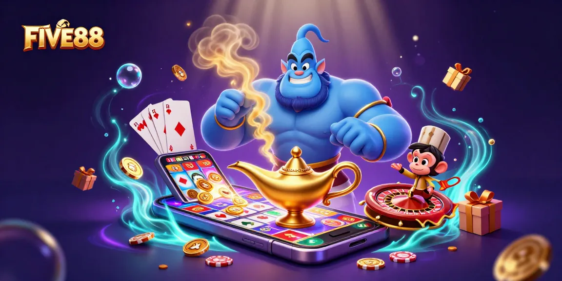 Engage with the magic of FIVE88 through an enchanting casino illustration featuring characters and games.