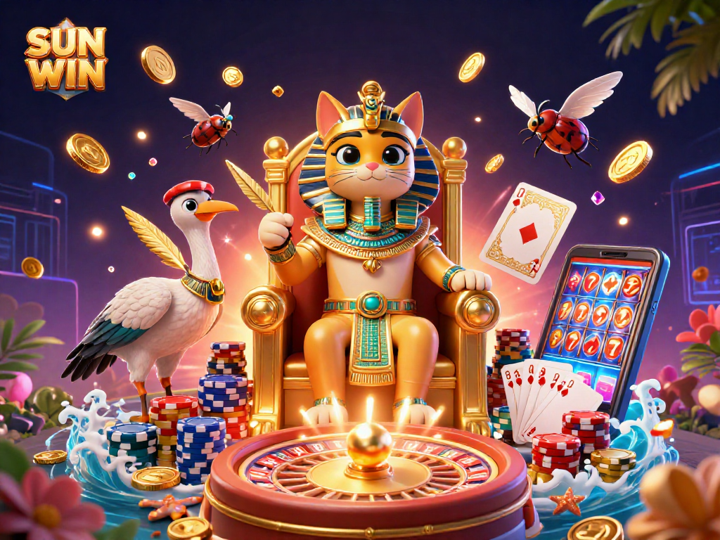 Chơi SUN WIN trong thế giới casino 3D đầy màu sắc với mèo pharaoh và nhiều phần thưởng.