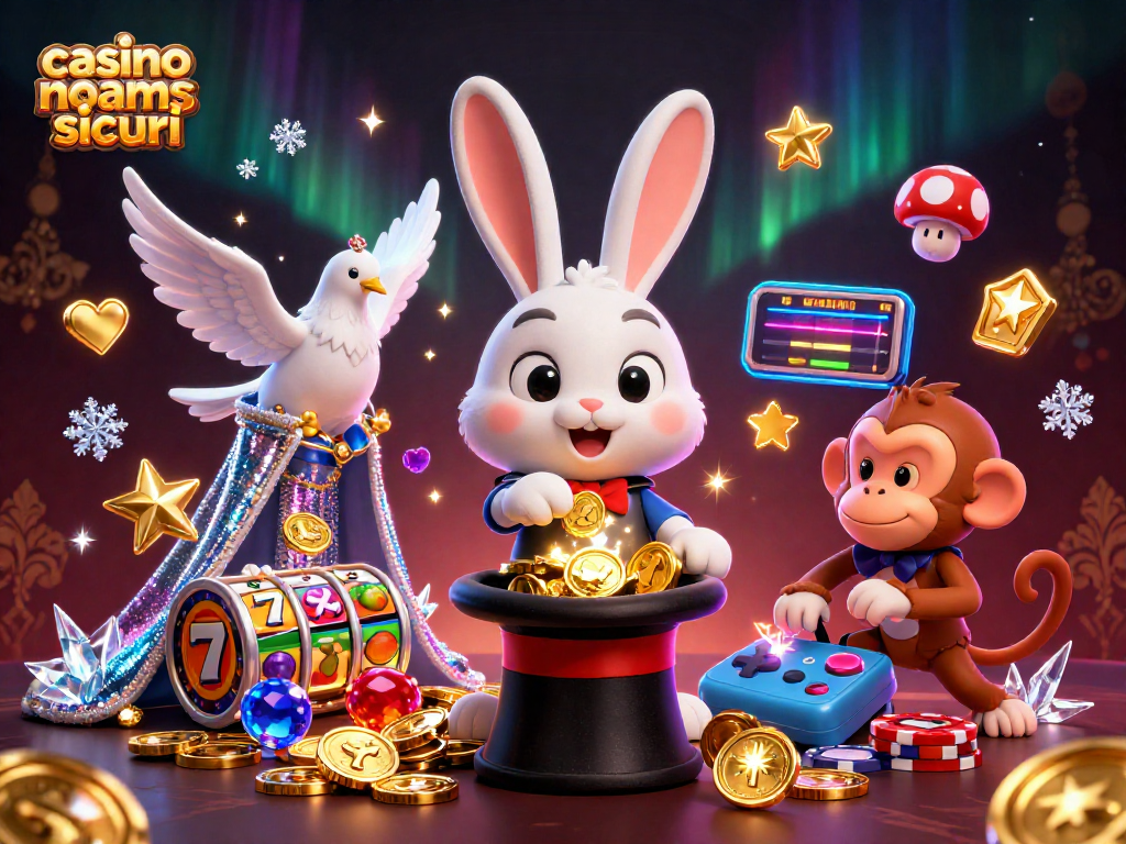 I giochi nei casino non AAMS sicuri con un mago e un topo che portano monete d'oro e chips.