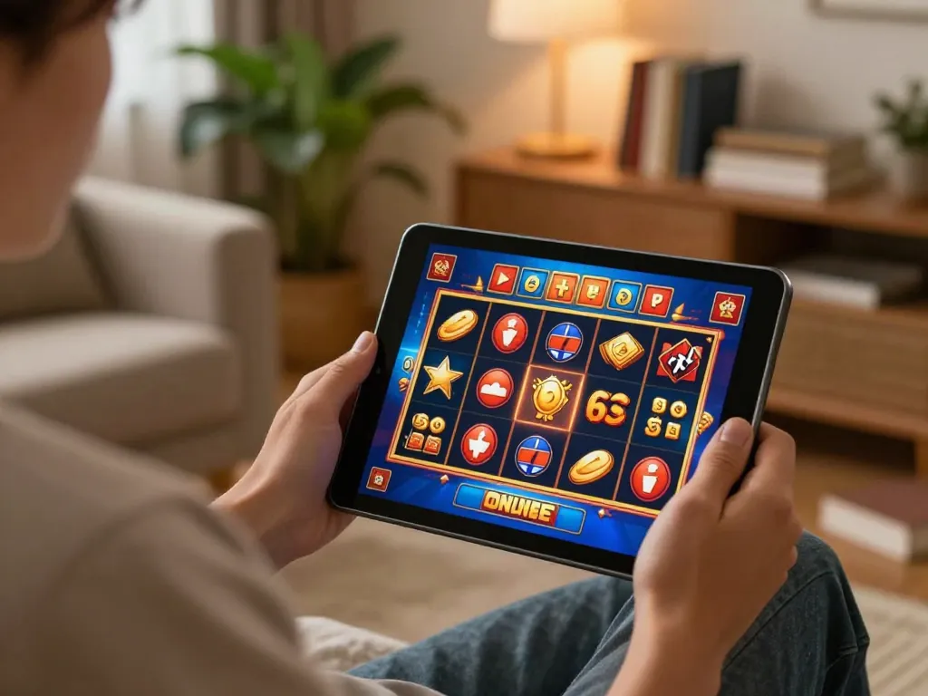 Engaging scene of a player enjoying Link 79king on a tablet with vibrant slot game graphics, cozy home atmosphere.