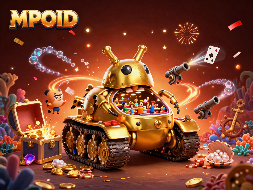 MPOID unveils a vibrant casino scene within a golden beetle tank, celebrating winnings amidst confetti.