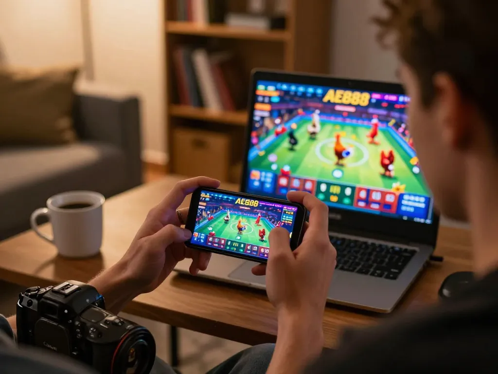 Player enjoying AE888 chicken fighting game on smartphone, home environment showcasing mobile betting experience.