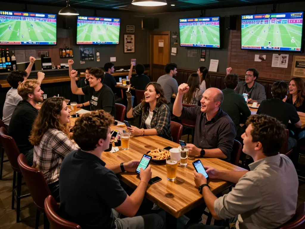 Xoilac offers live sports betting excitement with fans cheering and screens showing live odds.