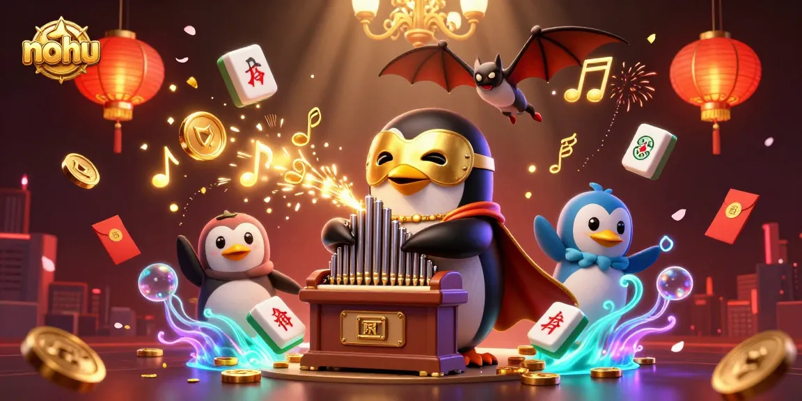 Experience nohu gameplay with a vibrant 3D illustration of a gaming scene featuring a penguin, golden coins, and traditional symbols.