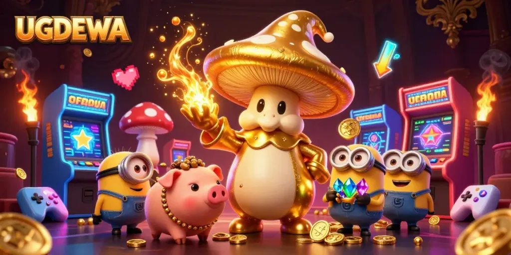 Experience the excitement of UGDEWA with vibrant characters and shimmering treasures in this lively casino illustration.