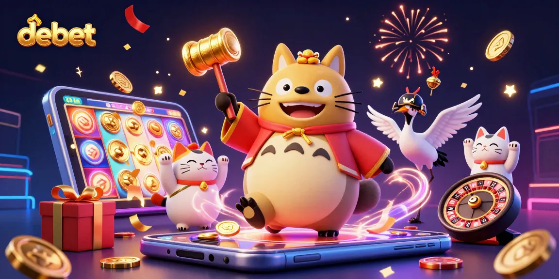 Experience thrilling wins with debet in an engaging online casino scene filled with festive characters.