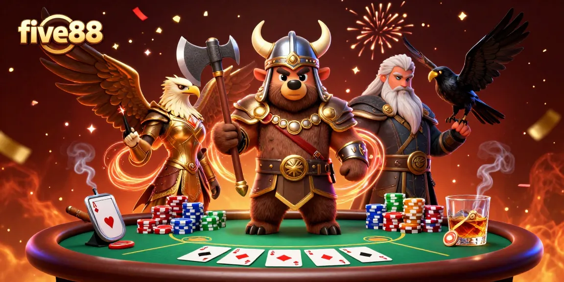 Experience thrilling poker action with five88’s vibrant 3D illustration featuring a Viking bear and Valkyrie eagle.