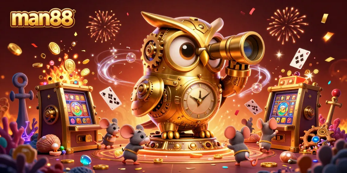 Engage with man88 at the casino as a golden owl oversees exciting games and playful mice.