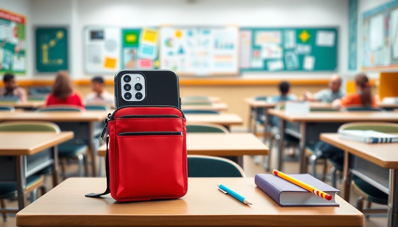 Entdecken Sie die Handytasche Klassenzimmer mit moderner Ausstattung und kreativem Design in einem lebendigen Lernumfeld.