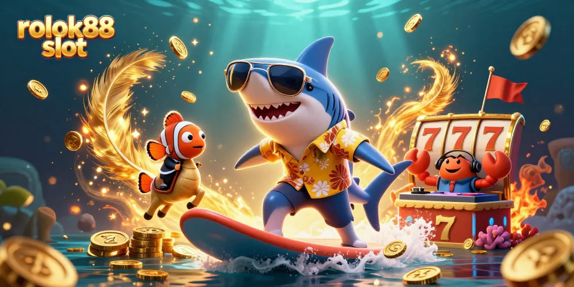 Spin the reels at rokok88 slot with this vibrant 3D illustration of a shark and friends enjoying a gold coin wave.