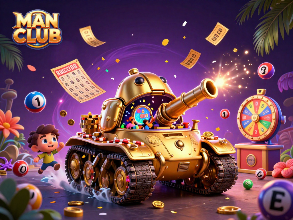 Experience vibrant gaming action in MAN CLUB, featuring confetti cannons and lottery balls.