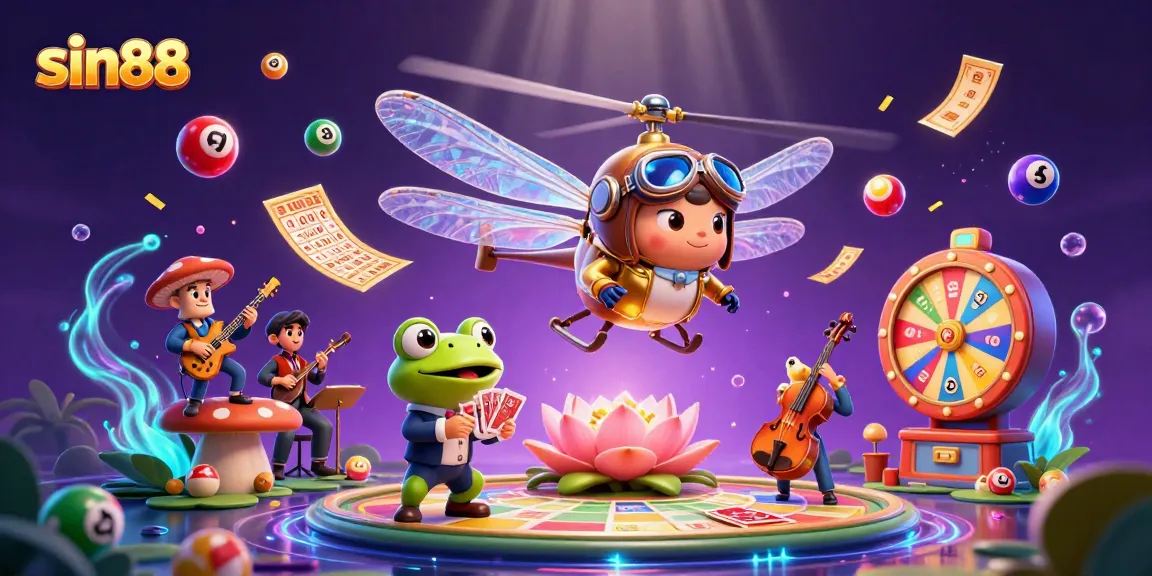 Experience sin88's vibrant casino scene with a dragonfly pilot and frog croupier at the lily pad casino.